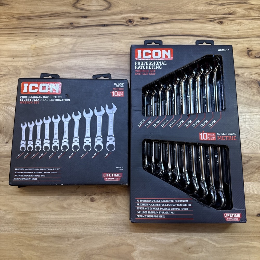 Icon Tools Ratcheting Wrench Set Bundle Of 2 - Anti Slip Grip, Flex Head Stubby